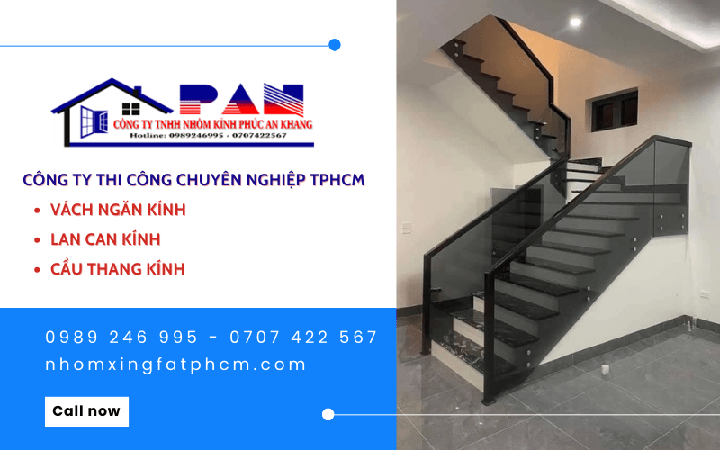 thi công vách ngăn kính, lan can, cầu thang kính